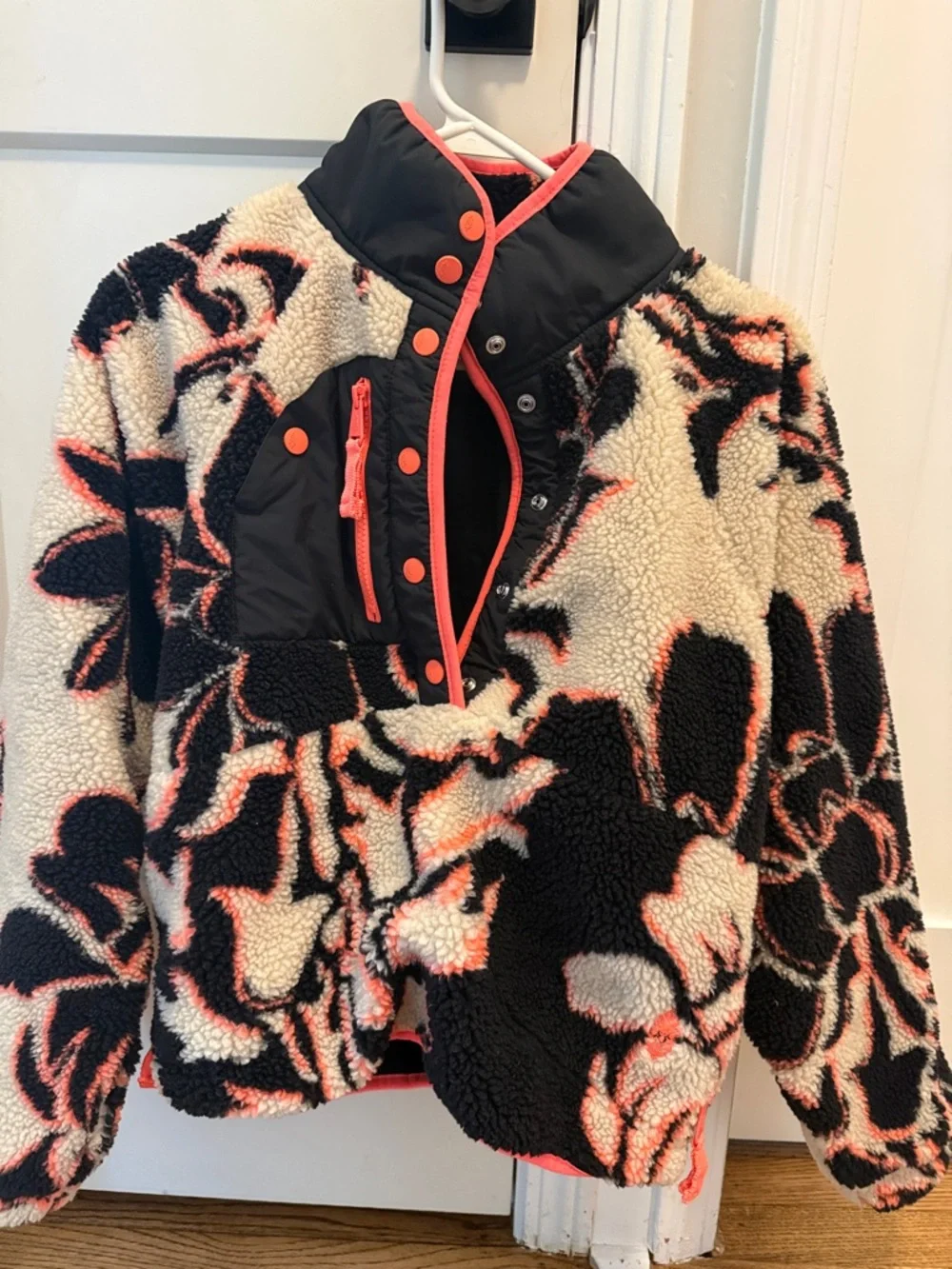 FP Movement by Free People Floral Sherpa Pullover Jacket in Cream, Black & Coral - Picture 1 of 4